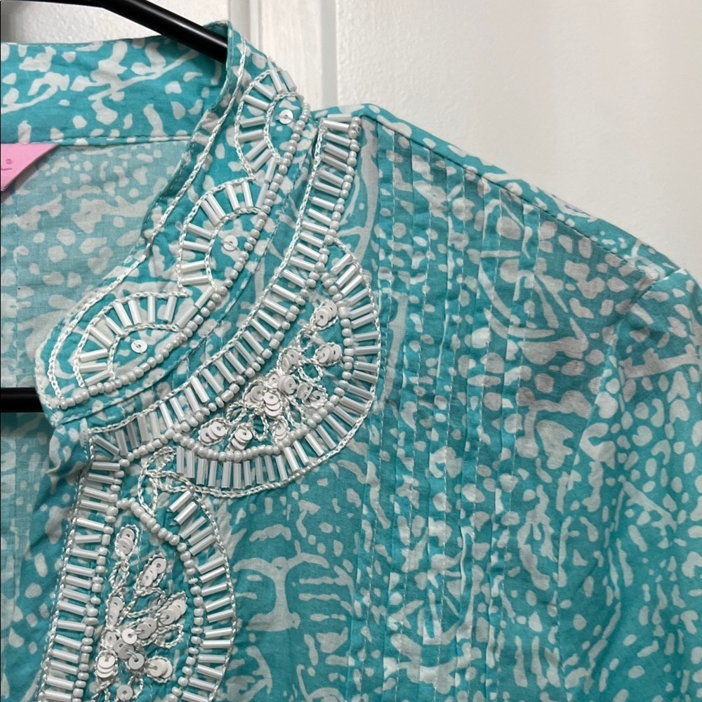 Lilly Pulitzer Sarasota Beaded Turquoise and White Patterned Tunic Top - Sz S - Picture 5 of 16